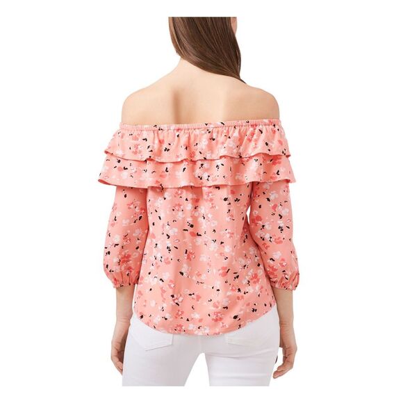 RILEY&RAE Womens Coral Stretch 3/4 Balloon Sleeves Tiered Off Shoulder Top S - Picture 2 of 4